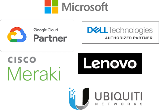 Vendor logos - google, Dell, Microsoft, Cisco - Meraki, Lenovo, Ubiquity